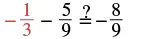 A mathematical equation with fractions: -1/3 (in red) - 5/9 with a question mark above the equals sign, followed by -8/9. It asks to verify the equality of the expression.