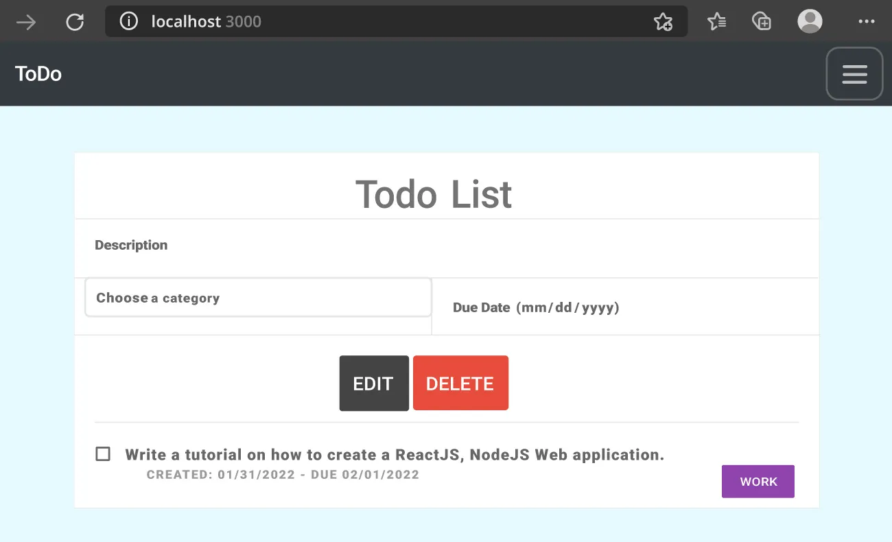 Screenshot of Todo List form to create items.