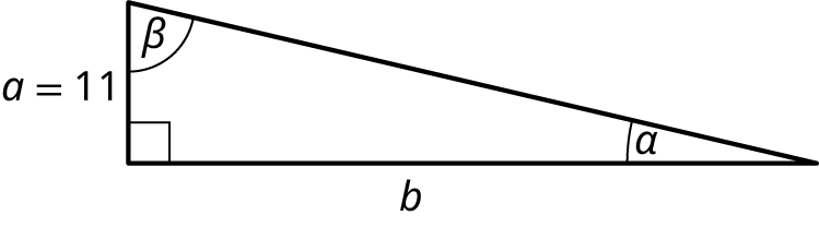 A right triangle. The legs are labeled a equals 11 and b. The angles at the top, bottom-left, and bottom-right are labeled beta, 90 degrees, and alpha.