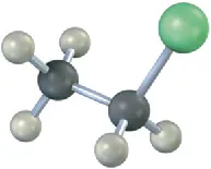 A ball-and-stick model of an alkyl halide comprising a two-carbon chain. The gray, black, and green spheres represent hydrogen, carbon, and chlorine, respectively.