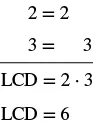 Calculating the Least Common Denominator (LCD) for 2 and 3, showing the product 2x3 equals 6.