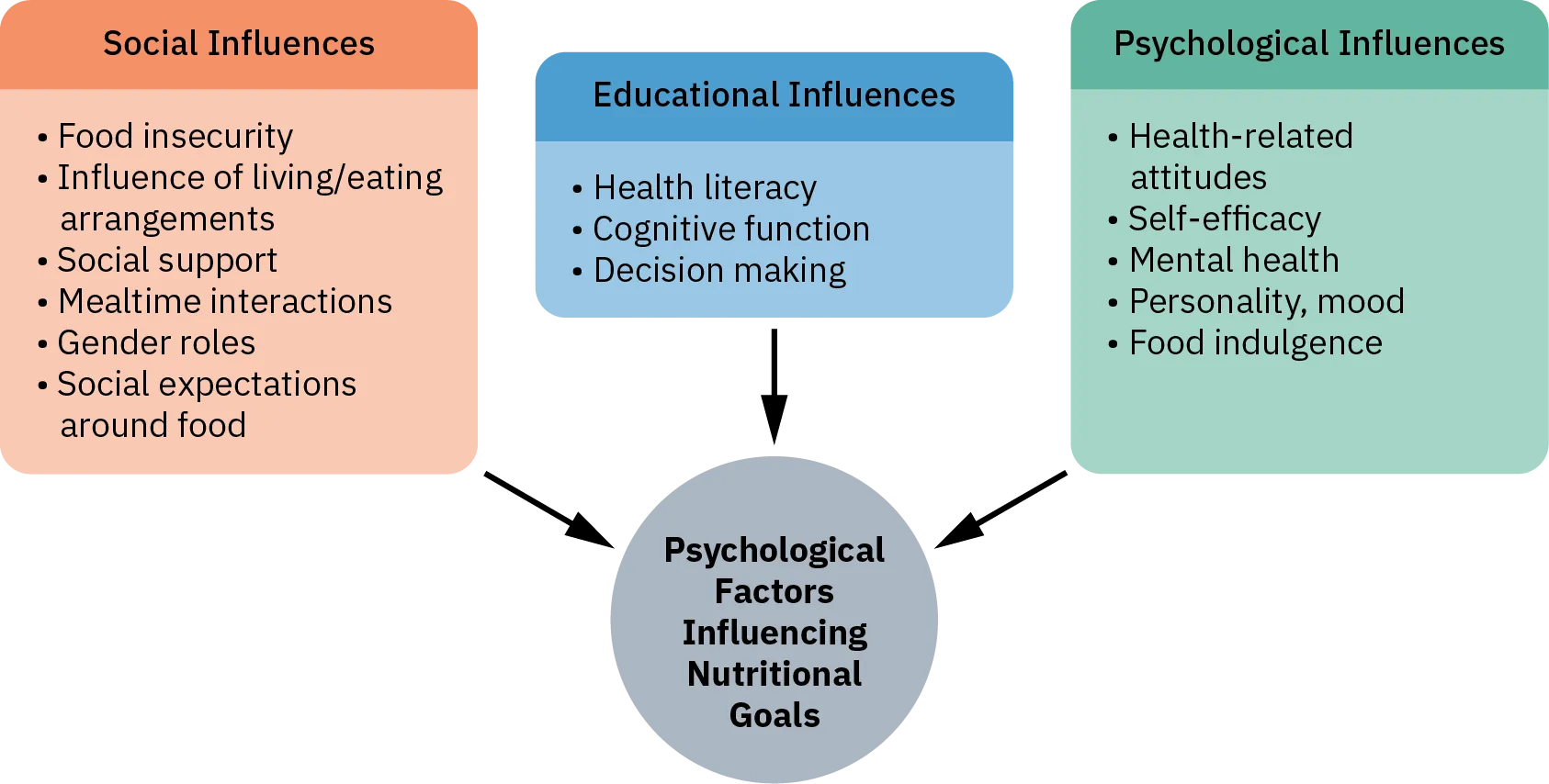 The psychological factors influencing nutritional goals are divided into three subcategories: social influences, emotional influences, and psychological influences. Social influences include food insecurity, influence of living and eating arrangements, social supports, mealtime interactions, gender roles, and social expectations around food. Educational influences include health literacy, cognitive function, and decision making. Psychological influences include health-related attitudes, self-efficacy, mental health, personality, mood, and food indulgence.