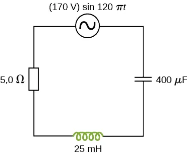 Rysunek przedstawia obwód ze źródłem napięcia 170 V, sinus 120 pi t, opornikiem 5 omowym, kondensatorem 400 mikrofaradowym i cewką o pojemności 25 milihenrów, połączonych szeregowo. 