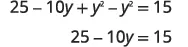 An algebraic equation showing the simplification of 25 - 10y + y^2 - y^2 = 15 to 25 - 10y = 15 by canceling out the y squared terms.