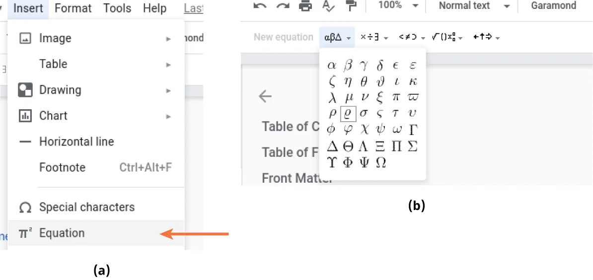 (a) Insert is selected and lists a selected Equation option. (b) A new equation bar displays options for Greek letters, Miscellaneous operations, Relations, Math operations and arrows.