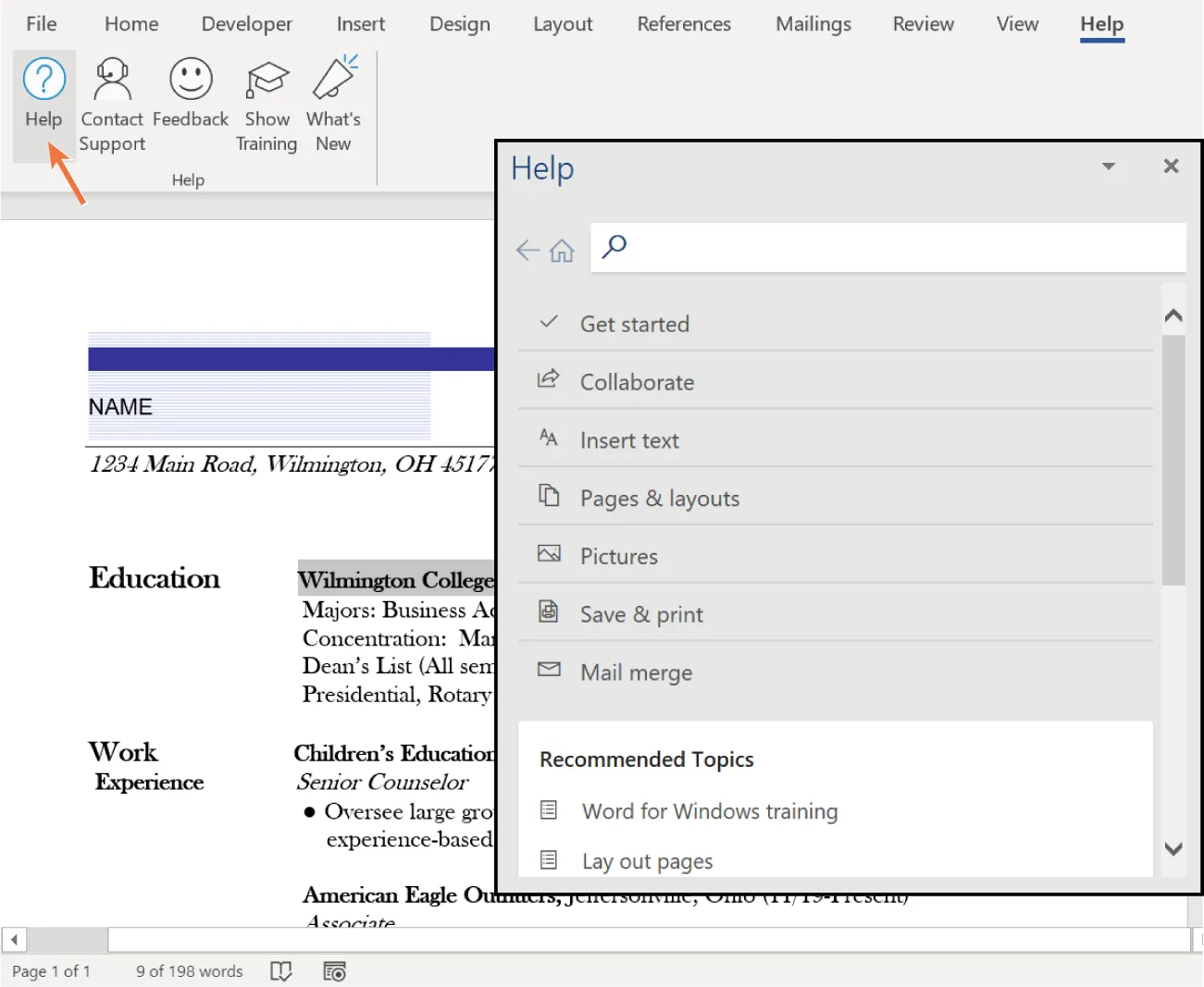 Help is selected. Help dialog box displays Search Bar, Get Started, Collaborate, Insert Text, Pages & layouts, Pictures, Save & print, Mail Merge, Recommended Topics (Words for Windows training, Lay out pages).