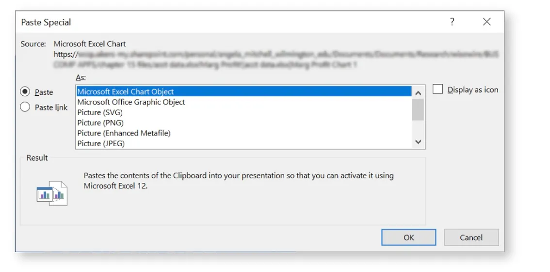 In a Paste Special window, a file path is displayed (grayed out) for Source: Microsoft Excel Chart.