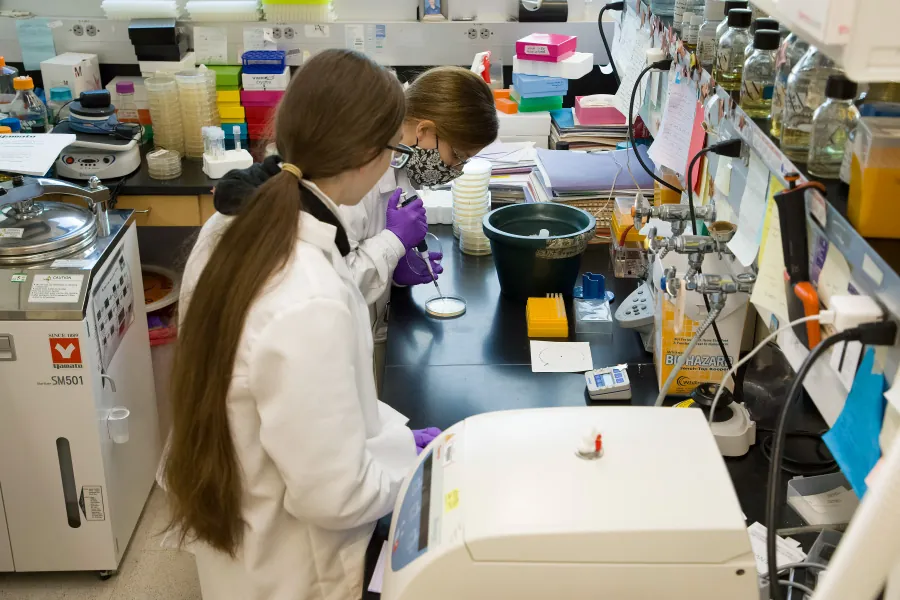 Two researchers wearing white lab coats work together in a lab setting.