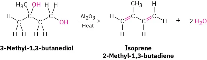 In a reaction, 3-methyl-1,3-butanediol reacts with aluminum oxide when heated to form isoprene (2-methyl-1,3-butadiene) and two moles of water.