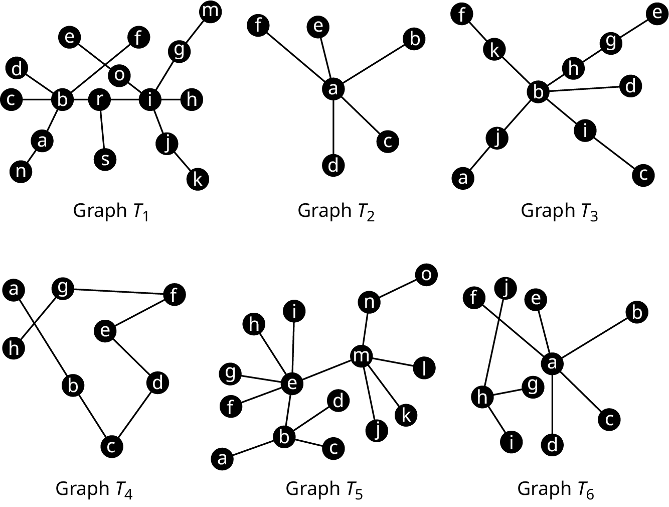 Six graphs. Graph T 1 has 16 vertices labeled from a, b, c, d, e, f, g, h, I, j, k, m, n, o, r, and s. The edges are b d, b c, b a, a n, b r, b f, r s, r i, e o, o i, i j, j k, i h, i g, and g m. Graph T 2 has 6 vertices: a to f. The edges are a b, a c, a d, a e, and a f. Graph T 3 has 11 vertices: a to k. The edges are b d, f k, k b, b i, i c, a j, j b, b h, h g, and g e. Graph T 4 has 8 vertices: a to h. The edges are a b, b c, c d, d e, e f, f g, and g h. Graph T 5 has 15 vertices: a to o. The edges are a b, b c, b d, b e, e f, e g, e h, e i, e m, m j, m k, m l, m n, and n o. Graph T 6 has 10 vertices: a to j. The edges are a b, a c, a d, a e, a f, j h, h g, and h i.