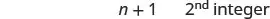 The image displays the mathematical expression 'n+1' followed by the text '2nd integer' on a white background, suggesting a label or definition related to integer sequences or properties.
