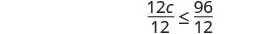 A mathematical inequality showing '12c divided by 12 is less than or equal to 96 divided by 12', which simplifies to 'c is less than or equal to 8'.