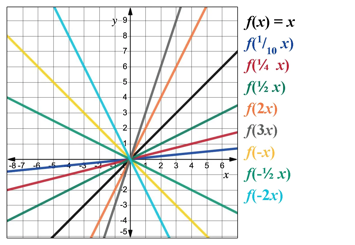 Graph with eight colorful lines showing transformations of f of x equals a times x. Each line, labeled in matching colors, represents different functions: f of one-tenth times x, f of one-fourth times x, f of one-half times x, f of 2 times x, f of 3 times x, f of negative x, f of negative one-half times x.