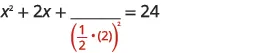An algebraic equation showing a step to complete the square. The expression is x^2 + 2x + a fractional term with a blank numerator and (1/2 * 2)^2 in the denominator, equaling 24.