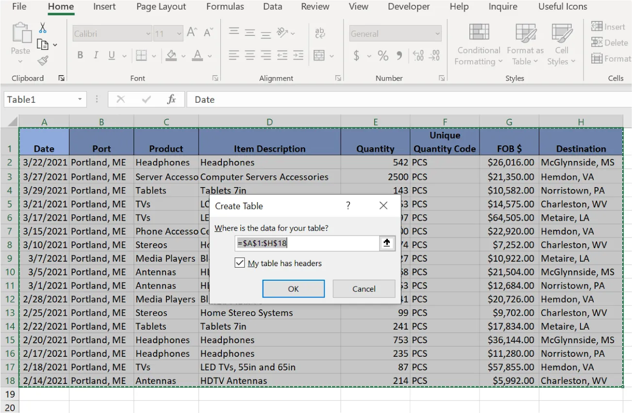 Create Table pane window is open. Where is the data for your table? (=$A$1:$H$18) is visible. My table has headers is checked. Entire spreadsheet is selected.