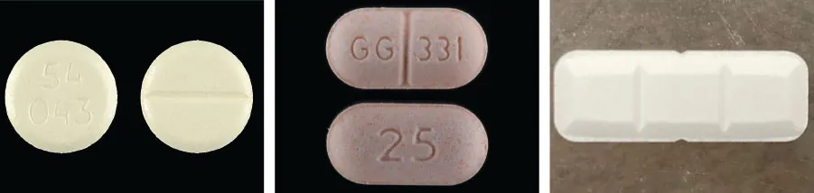 Photographs of three types of scored tablets.