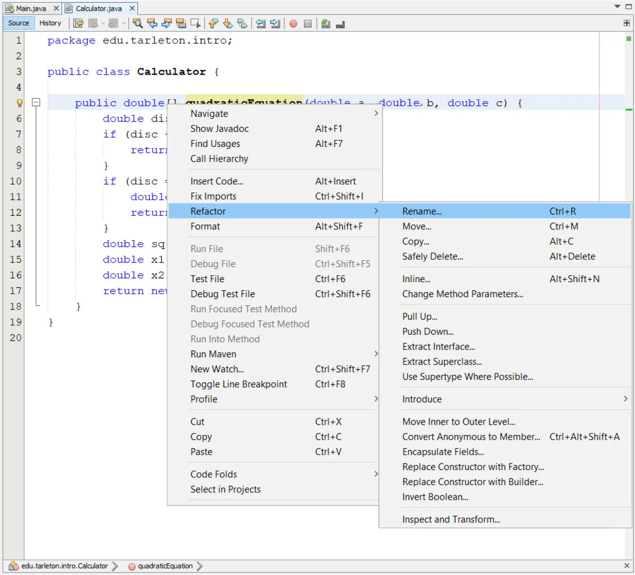 Screenshot of NetBeans IDE. Open window is highlighting Refactor, which opens to window with Rename highlighted.