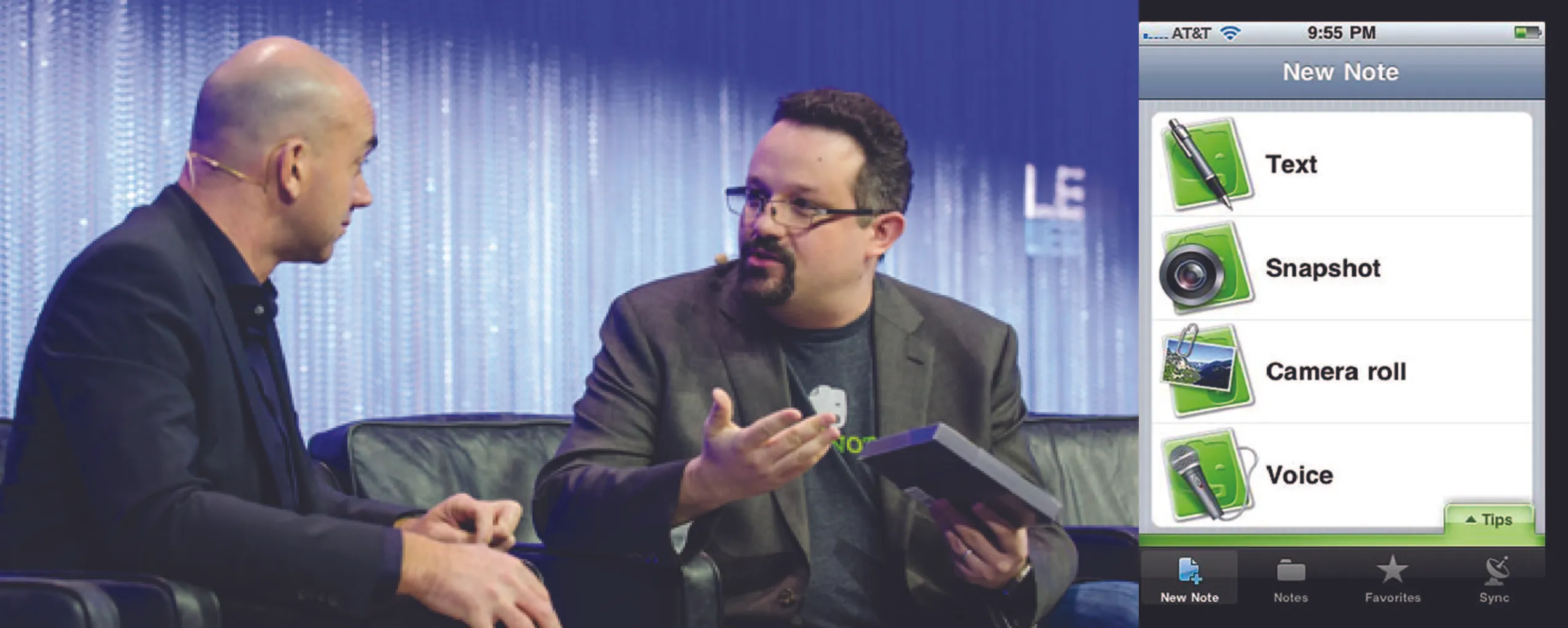 Photo of two men talking (left); on the right is a screenshot of an app with the words New Note at the top, with options for text, snapshot, camera roll, and voice.