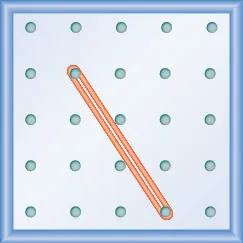 The figure shows a grid of evenly spaced pegs. There are 5 columns and 5 rows of pegs. A rubber band is stretched between the peg in column 2, row 2 and the peg in column 4, row 5, forming a line.