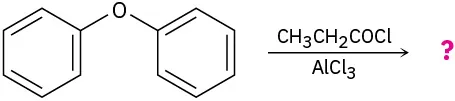A compound containg an oxygen atom bonded to two benzene rings reacts with propanoyl chloride in the presence of aluminum trichloride to form unknown product(s), depicted by question mark.