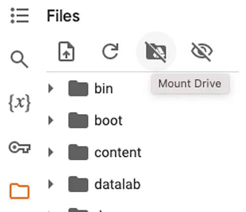 A screenshot of the Files popup menu on Google Colab. The menu includes four icons, and the Mount Drive icon is selected.