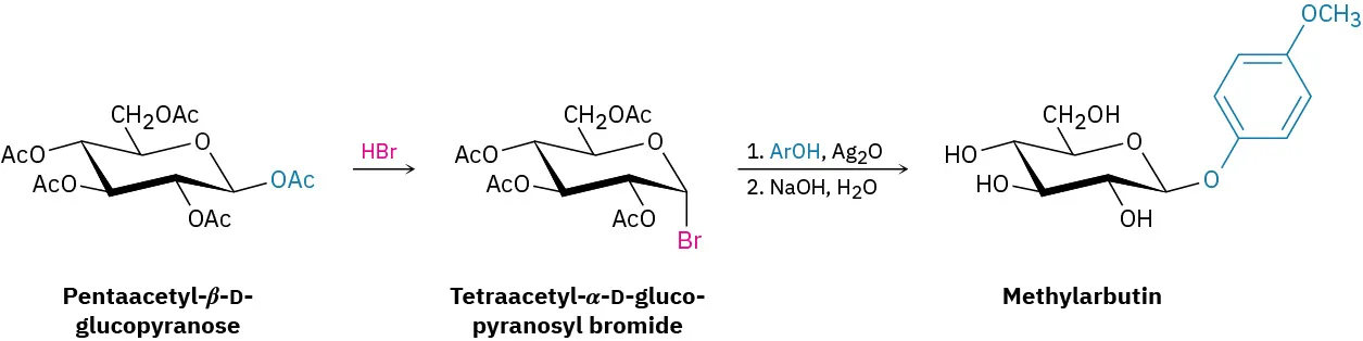 Treatment of pentaacetyl-beta-D-glucopyranose with hydrogen bromide converts anomeric O H to bromine and forms tetraacetyl-alpha-D-pyranosyl bromide. It undergoes further reaction and forms methylarbutin.