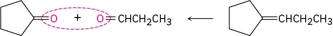 A backward reaction shows a cyclopentane double bonded to a 3-carbon chain forming from cyclopentanone and propanal. The oxygen atoms of cyclopentanone and propanal are circled.