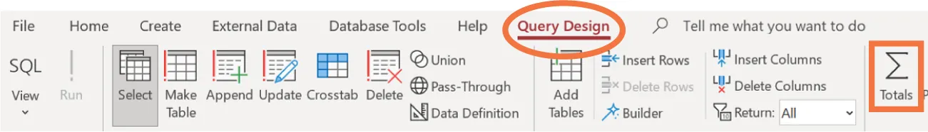 Screenshot of Query Design tab in Access selected, with Totals highlighted on the toolbar in the Show/Hide command group.
