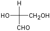 The central carbon is bonded to C H 2 O H on right, hydroxyl on left, hydrogen on the top and C H O on the bottom.