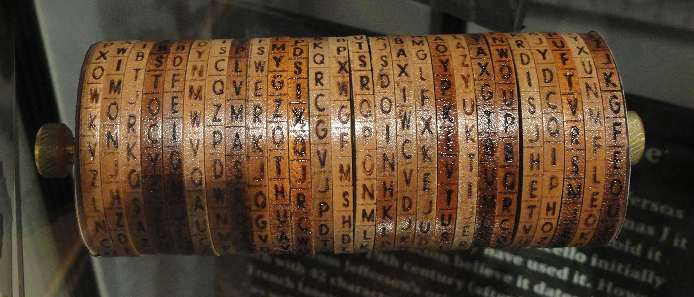 A photo of the Jefferson cylinder cipher in the National Cryptologic Museum.