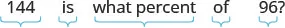 A mathematical problem asks: 144 is what percent of 96? The numbers and text are underlined with light blue brackets to indicate distinct parts of the question.