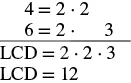 Calculation of the Least Common Denominator (LCD) for numbers 4 and 6, showing prime factorization to arrive at an LCD of 12.