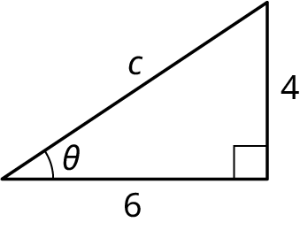 A right triangle with its legs marked 4 and 6. The hypotenuse is marked c. The angle made by the hypotenuse and the horizontal leg is marked theta.