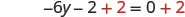 A mathematical equation shows '-6y - 2 + 2 = 0 + 2' with the second '+ 2' on both sides highlighted in red.