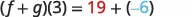 A mathematical equation shows (f + g)(3) = 19 + (-6), representing the sum of two functions f and g evaluated at 3, equaling the addition of 19 and -6.