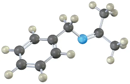 A ball-and-stick model shows benzene ring linked to methylene group. This is linked to a nitrogen atom double bonded to carbon. This is linked to two methyl groups.