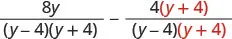 A mathematical expression showing the subtraction of two fractions with a common denominator of (y-4)(y+4). The numerators are 8y and 4(y+4), with parts of the second fraction highlighted in red.