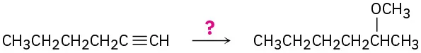 1-hexyne is converted into 2-methoxyhexane in the presence of an unknown reactant(s), depicted by a question mark.