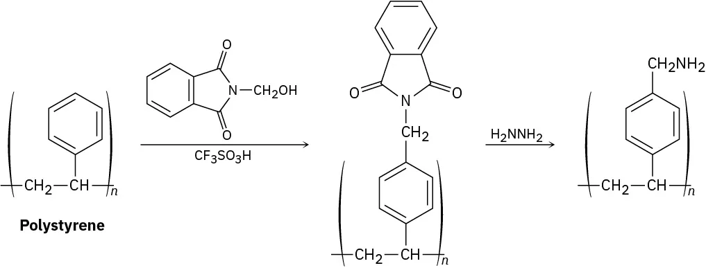 Polystyrene reacts with N-(hydroxymethyl)phthalimide and trifluoromethanesulfonic acid to form an intermediate that further reacts with hydrazine to form resin. The product's structure is inside parentheses with n as the subscript.