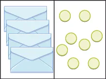 This image has two columns. In the first column are four envelopes. In the second column there are 8 blue circles.