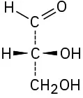 A central carbon is wedge bonded to hydrogen, dash bonded to an aldehyde group, wedge bonded to a hydroxyl group, and dash bonded to a hydroxymethyl group (clockwise).