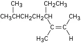 A double bond with 2-methylheptane connected by C 5 (up) and methyl (down) substituents on the left and methyl (up) and hydrogen (down) substituents on the right.