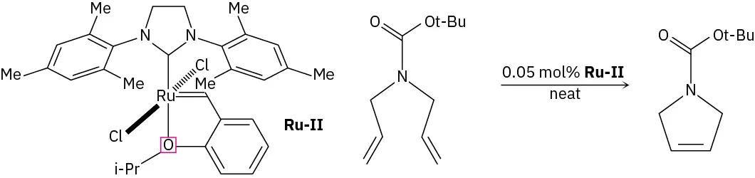 A large organic molecule with Ru II center and amine with two allyl and t-butyl ester substituents react in 0.05 mol percent Ru II neat to produce a cyclic amine.