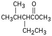 A structure of methyl-2-ethyl-3-methyl butanoate where ethyl and a methyl group are bonded to C 2 and C 3 and the C O O group is attached to C 1.