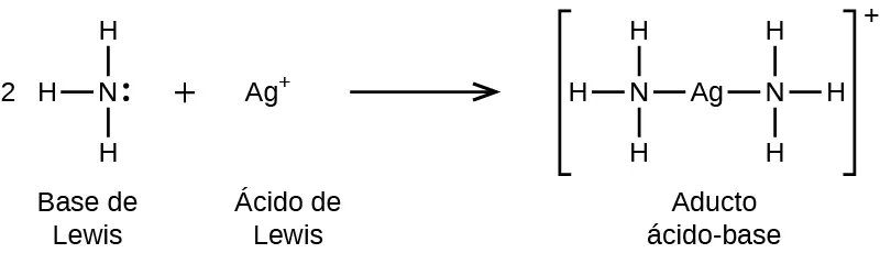 Esta figura ilustra una reacción química utilizando fórmulas estructurales. En el lado izquierdo, un 2 precede a un átomo de N que tiene enlaces simples con átomos de H por encima, a la izquierda y por debajo. Un único par de puntos de electrones se encuentra en el lado derecho del átomo de N. Esta estructura está marcada a continuación como "base de Lewis". Después de un signo de suma hay un átomo A g que tiene un símbolo más en superíndice. Tras la flecha que apunta a la derecha hay una estructura entre corchetes que tiene un átomo central A g al que los átomos de N están conectados con enlaces simples a la izquierda y a la derecha. Cada uno de estos átomos de N tiene enlaces simples con átomos de H por encima, por debajo y por fuera de la estructura. Fuera de los corchetes hay un signo positivo en superíndice. Esta estructura está marcada a continuación como "Aducto ácido-base".