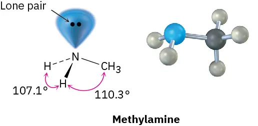 The chemical structure and ball and stick model of methylamine where nitrogen has one lone pair. The hydrogen-hydrogen bond angle is 107.1 degrees and hydrogen-carbon is 110.3 degrees.