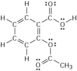 The chemical structure of aspirin featuring two lone pairs on each oxygen atom.