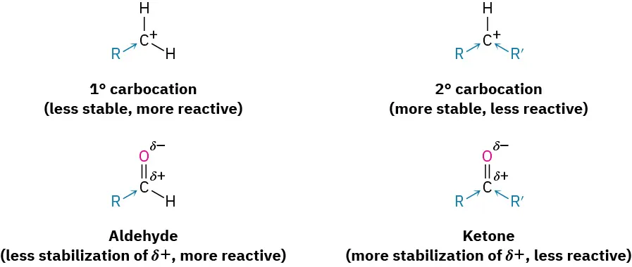 The structures of primary carbocation, secondary carbocation, aldehyde, and ketone. Primary carbocation is less stable but more reactive than secondary carbocation whereas aldehyde is more reactive than ketone.