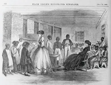An illustration shows several White women in a schoolroom, surrounded by young Black pupils reading schoolbooks.