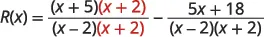 An algebraic expression showing R(x) as the difference of two rational functions with a common denominator (x-2)(x+2). The numerator of the first fraction is (x+5)(x+2) and the second is 5x+18.